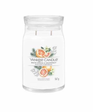 Candela Yankee Candle White Spruce & Grapefruit Grande, fragranza agrumata e boschiva, giara bianca elegante.